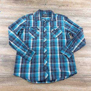 Skully Mens Large Short Sleeve Shirt Relaxed Casual Dress Plaid Snaps Blue Black